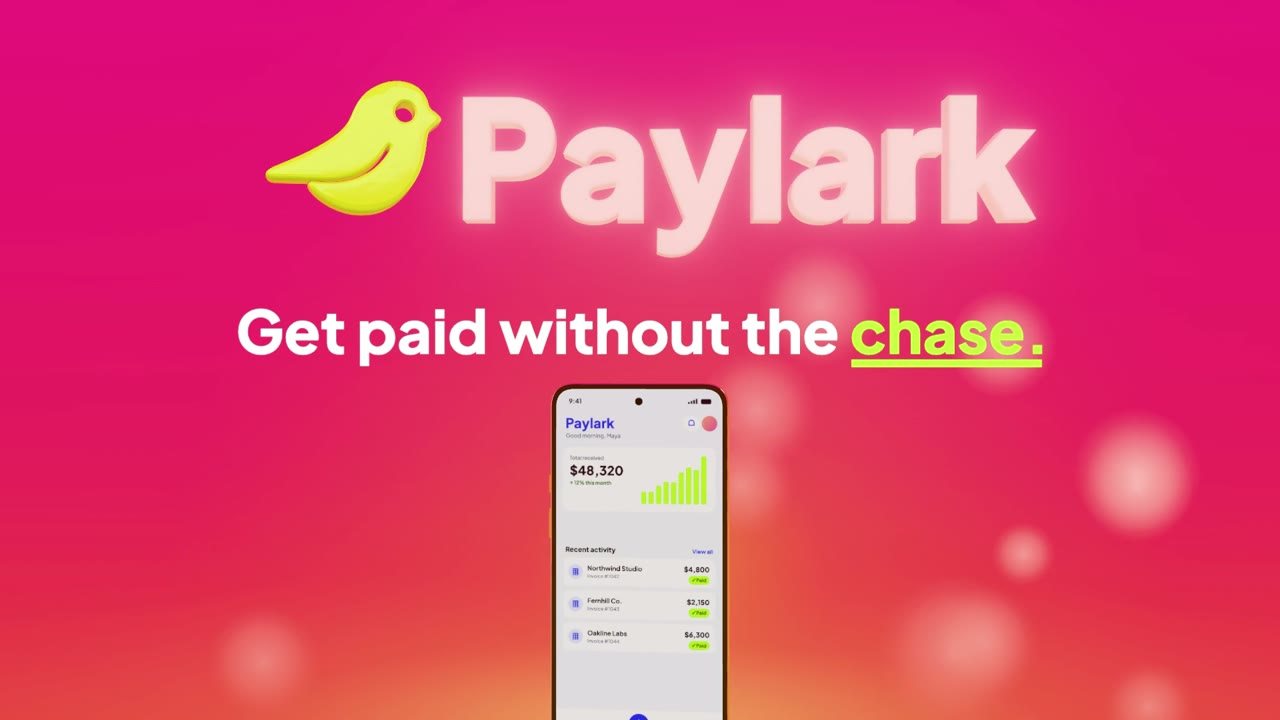 Finished film, shot 8: the Paylark wordmark and lark above the phone