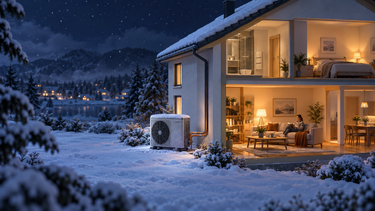 A snowy night: a cutaway house glows warm inside while a frosted heat pump sits outside