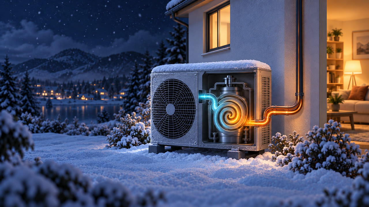 A cutaway compressor inside the outdoor unit: cyan gas enters a spiral and leaves glowing amber