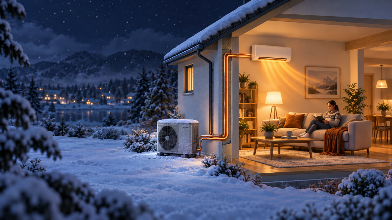 Inside the living room, a wall unit breathes warm air while a glowing pipe feeds it